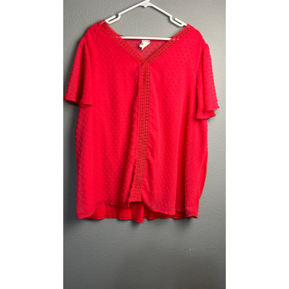 Naif Womens 3X Red Swiss Dot Boxy Crochet Lace V-Neck Flutter Sleeve Blouse